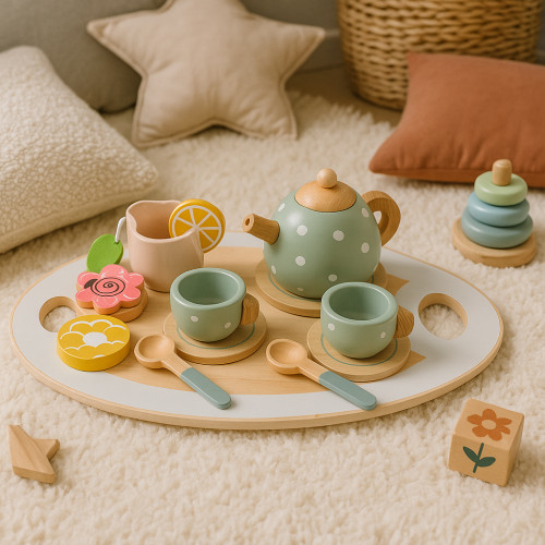 Drevená detská čajová súprava s kanvicou a šálkami, 14 dielov