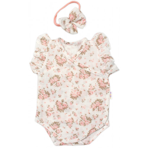 Zavinovacie body, kraťasky + čelenka, mušelín, Pivonky, Baby Nellys, smotanové, veľ. 74