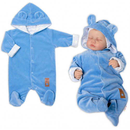 Baby Nellys Dvojvrstvový velúrový overal s kapucňou New Bunny, modrý, veľ. 74