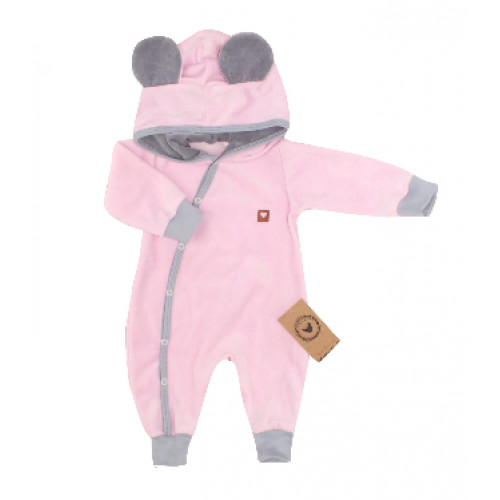 Z&Z Velúrový dojčenský overal s kapucňou a uškami - růžovo,šedý, veľ. 74