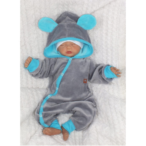 Z&Z Velúrový dojčenský overal s kapucňou a uškami - tyrkysovo, šedý