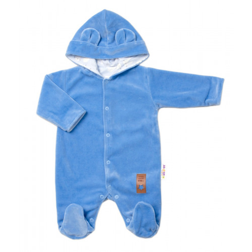 Baby Nellys Dvojvrstvový velúrový overal s kapucňou New Bunny, modrý, veľ. 80