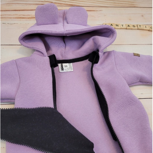 Oteplený detský overal bez šľapiek s kapucňou, čiapočka+topánočky, 3D, Kazum, lila, veľ.62