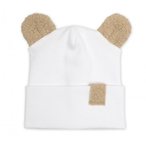 Dvojvrstvová rebrovaná čiapočka s uškami boucle medvedík - biela